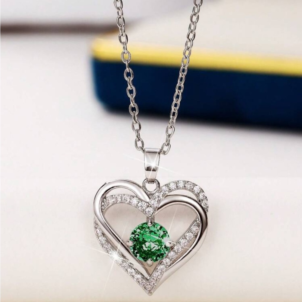 Silver Cubic Zirconia Green Heart Necklace, Cubic Zirconia Heart Necklace